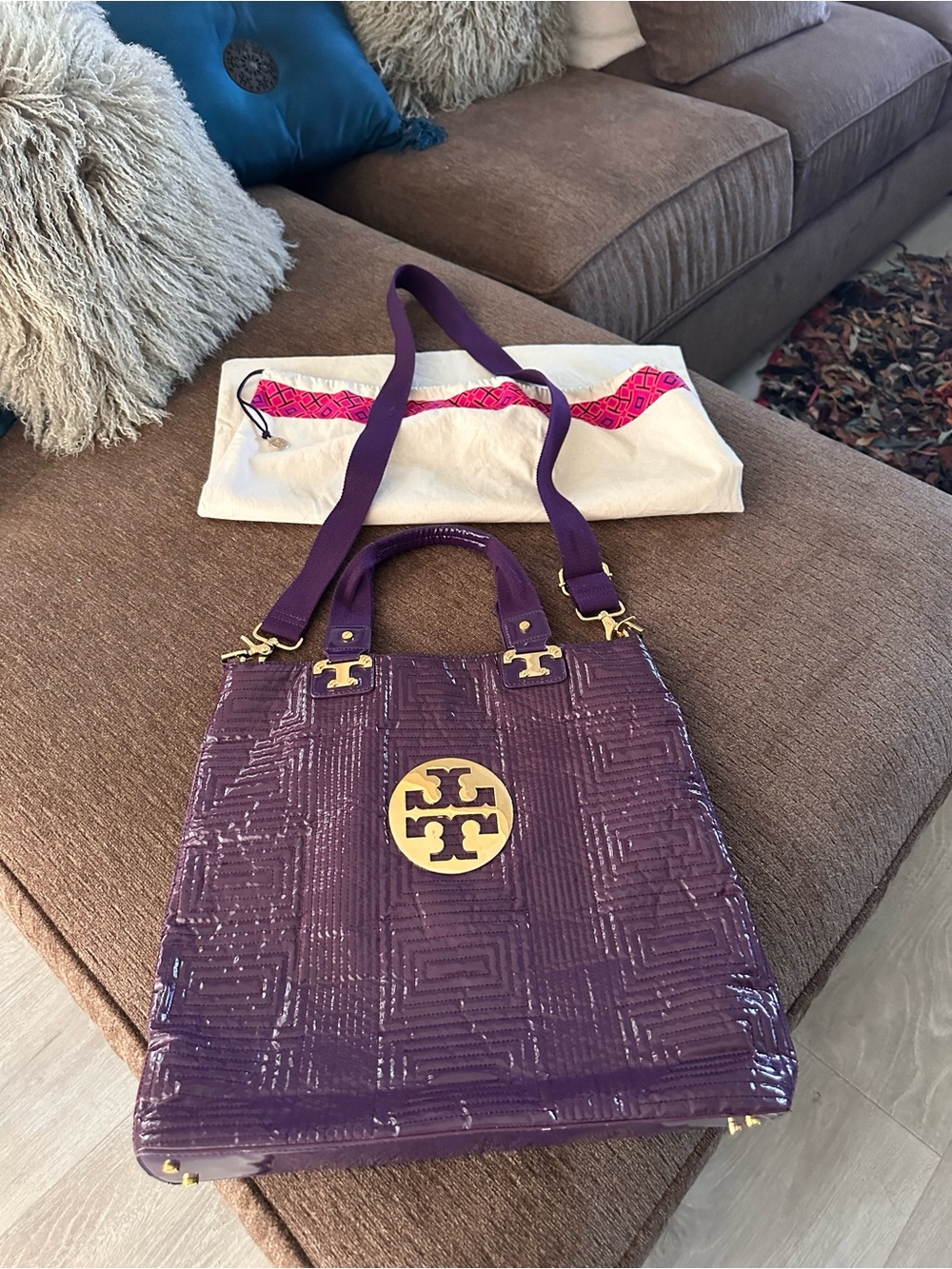 Tory Burch Purple Patent Leather Tote with Gold Logo and Strap